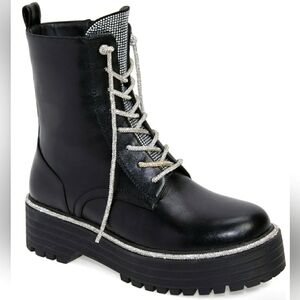 Azelea Wang Black Attentive Silver Bling Combat Boots NIB Sz 7.5 RHINESTONE Goth
